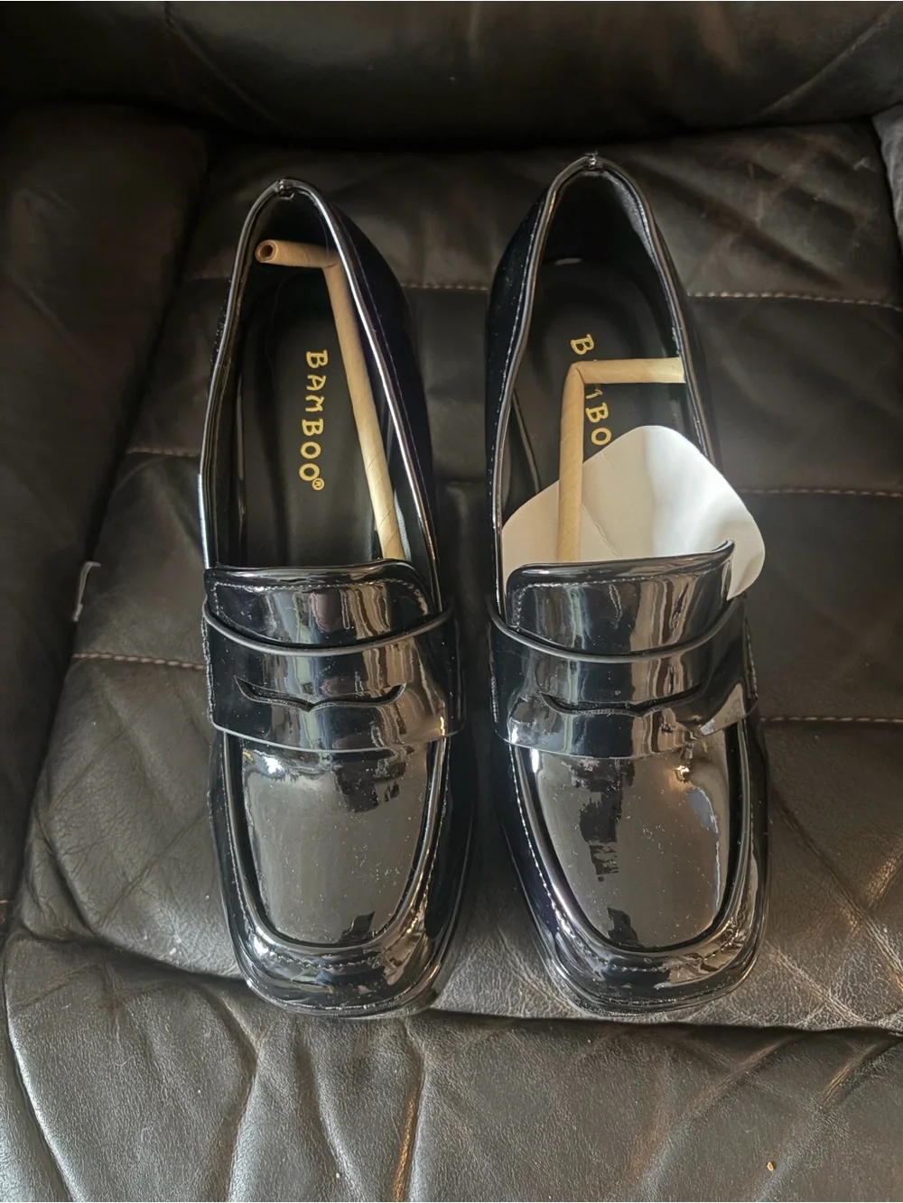 BAMBOO Black Patent Leather Penny Loafers for Women us 6